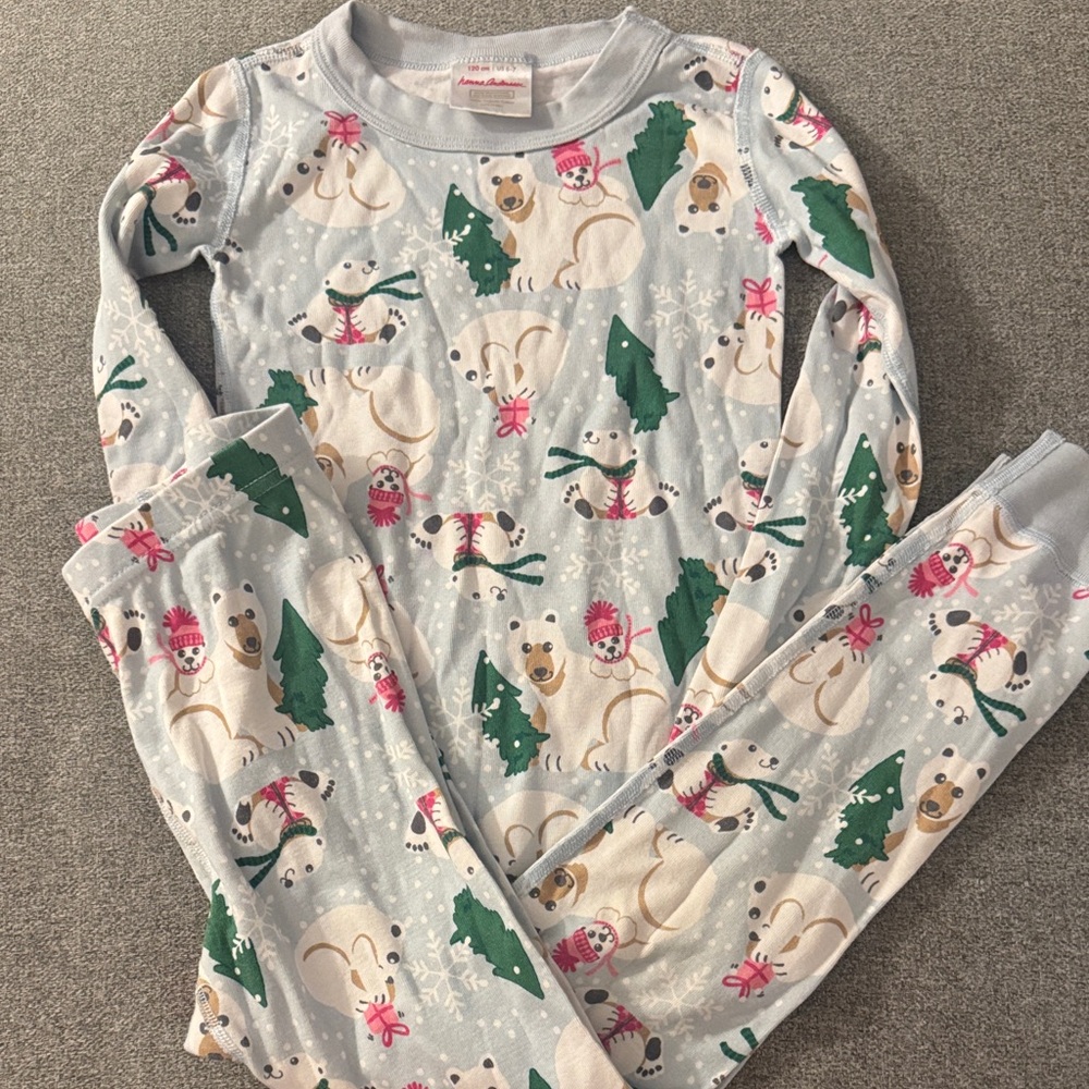 3/$15- Children's Polar Bear Holiday Pajama Set - Light Blue with Green Trees